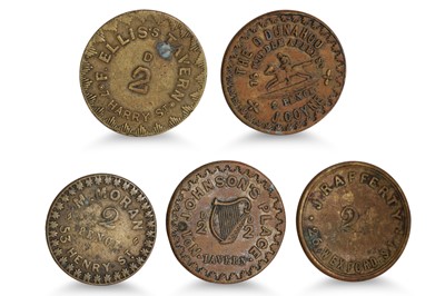 Lot 382 - 1800s 5 X IRISH 2d DUBLIN TAVERN BRASS TOKENS;...