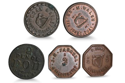 Lot 383 - 1800s 5 X IRISH 2d DUBLIN TAVERN COPPER TOKENS;...