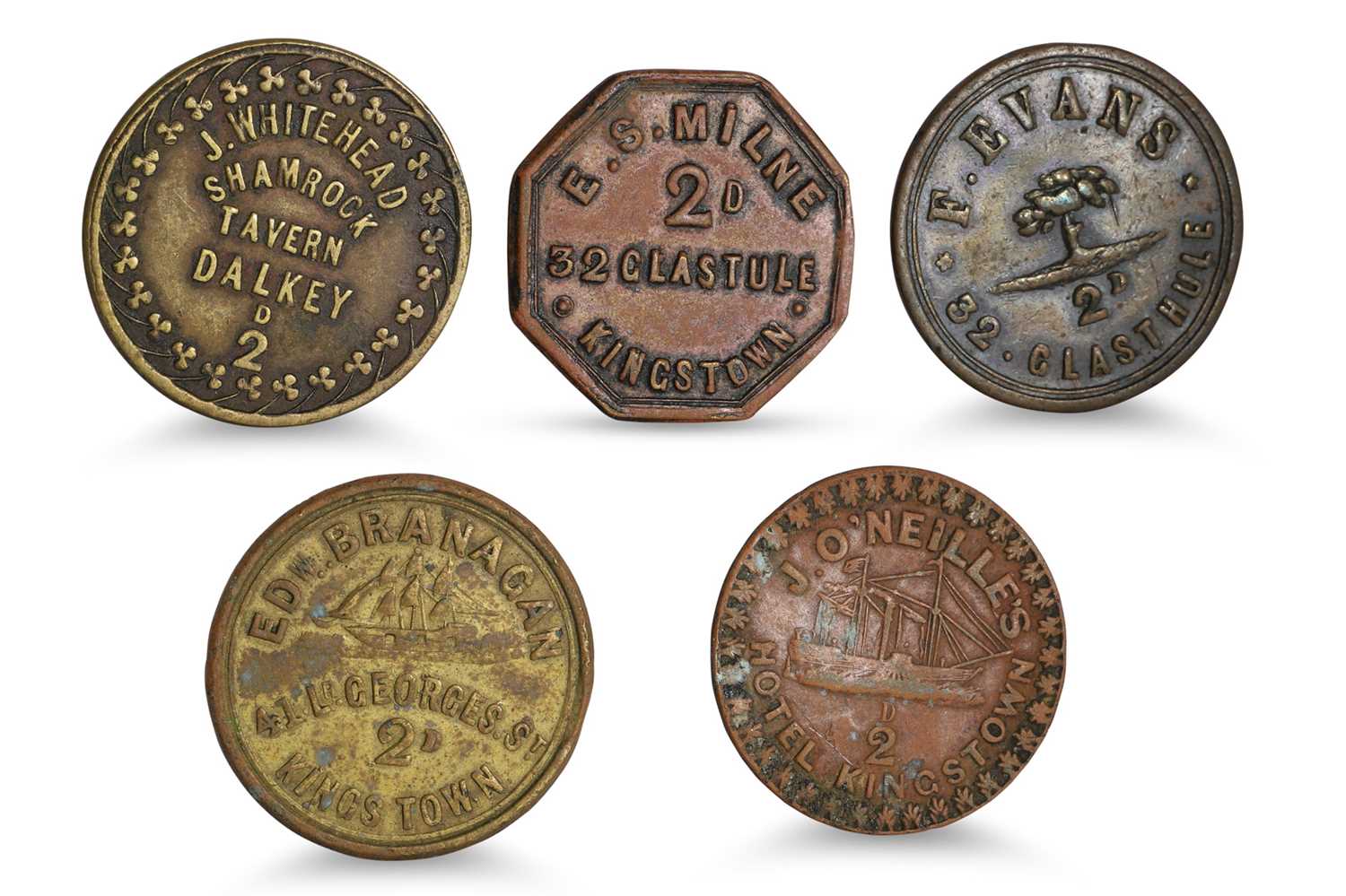 Lot 384 - 1800s 5 X IRISH 2d SOUTH DUBLIN TAVERN TOKENS;...