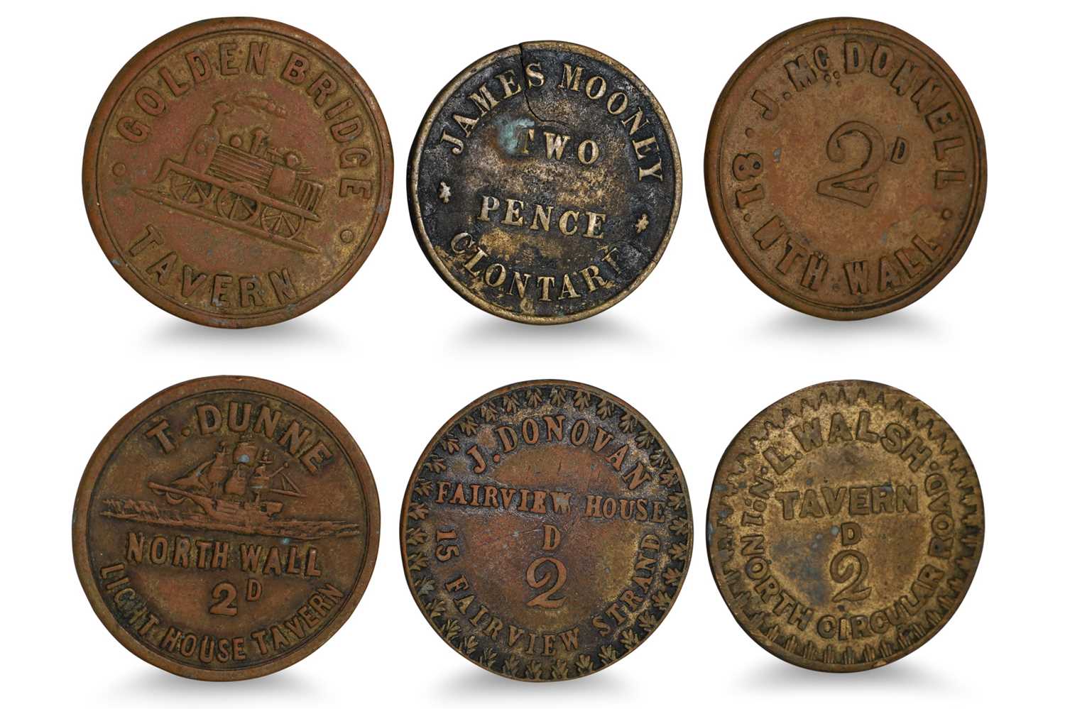 Lot 385 - 1800s 6 X IRISH 2d NORTH DUBLIN TAVERN TOKENS;...