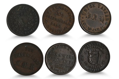 Lot 387 - 1800s 6 VICTORIA COPPER 1/4d IRISH TOKENS:...