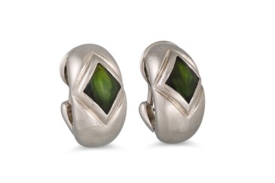 Lot 313 - A PAIR OF 18CT WHITE GOLD PERIDOT EARRINGS,...