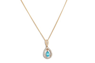 Lot 102 - A GOLD, TOPAZ AND DIAMOND PENDANT, the pear...