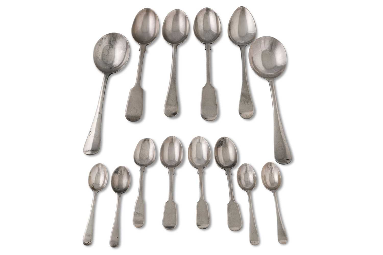 Lot 549 - A COLLECTION OF VARIOUS SILVER SPOONS, 487 g.