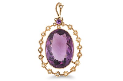 Lot 309 - AN ANTIQUE AMETHYST AND SEED PEARL PENDANT,...