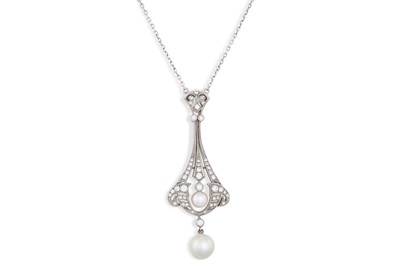 Lot 342 - A DIAMOND AND PEARL PENDANT, the openwork...