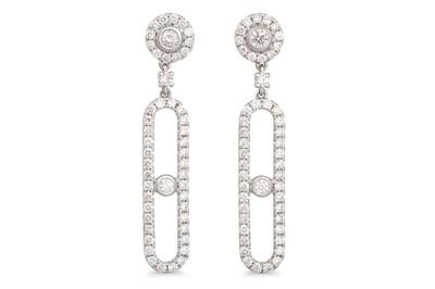 Lot 292 - A PAIR OF DIAMOND DROP EARRINGS, shaped form...