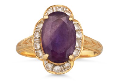 Lot 370 - AN AMETHYST AND DIAMOND CLUSTER RING, mounted...