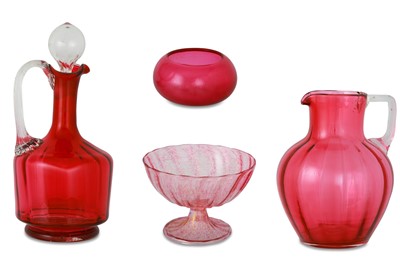 Lot 532 - A VICTORIAN CRANBERRY GLASS DECANTER JUG, with...