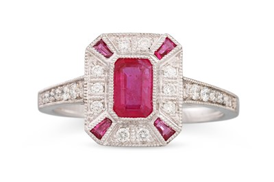 Lot 81 - A DIAMOND AND RUBY ART DECO RING, the...