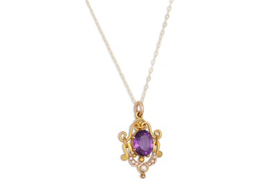 Lot 91 - AN ANTIQUE AMETHYST AND PEARL PENDANT, the...