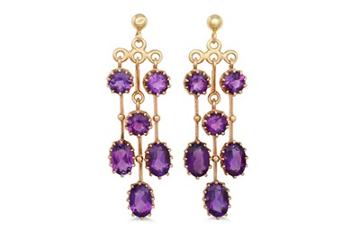 Lot 98 - A PAIR OF AMETHYST DROP EARRINGS, mounted in gold