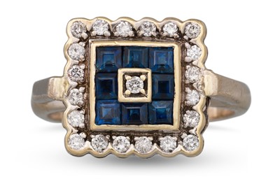 Lot 142 - A DIAMOND AND SAPPHIRE CLUSTER RING, of square...