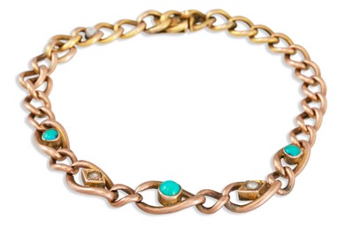 Lot 144 - A SEED PEARL AND TURQUOISE SET BRACELET, 9ct...