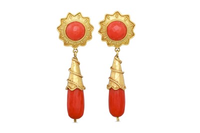 Lot 177 - A PAIR OF CORAL DROP EARRINGS, mounted in 18ct...