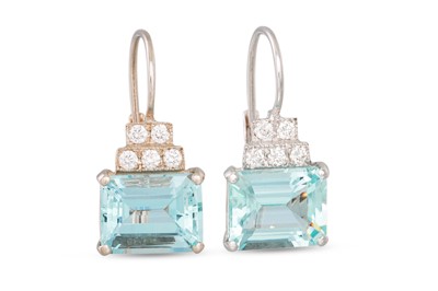 Lot 230 - A PAIR OF AQUAMARINE AND DIAMOND EARRINGS, the...