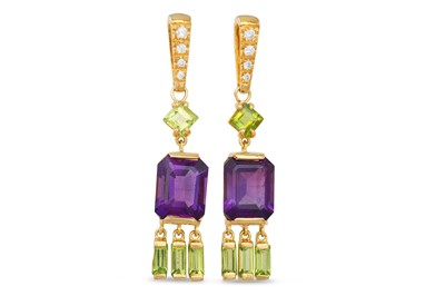 Lot 234 - A PAIR OF DIAMOND, AMETHYST AND PERIDOT DROP...