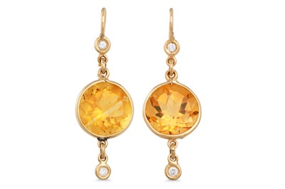 Lot 236 - A PAIR OF CITRINE AND DIAMOND DROP EARRINGS,...