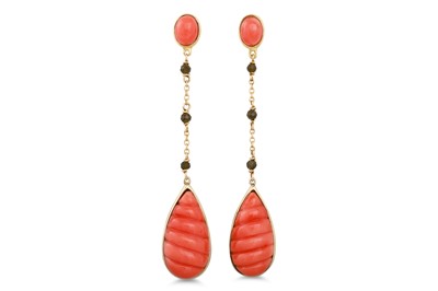 Lot 237 - A PAIR OF CARVED CORAL DROP EARRINGS, in 18ct...