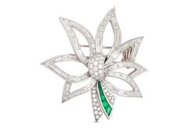 Lot 244 - A DIAMOND AND EMERALD BROOCH, of floral spray...