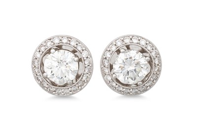 Lot 271 - A PAIR OF DIAMOND EARRINGS, with diamond set...