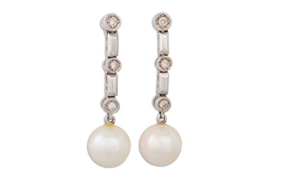 Lot 313 - A PAIR OF DIAMOND AND PEARL DROP EARRINGS,...