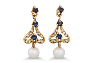 Lot 138 - A PAIR OF PEARL AND SAPPHIRE DROP EARRINGS,...